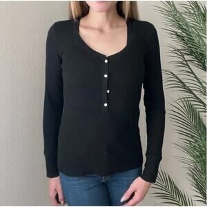 Victoria’s Secret Cotton Blend Long Sleeve Ribbed Henley Top Black Women's XS